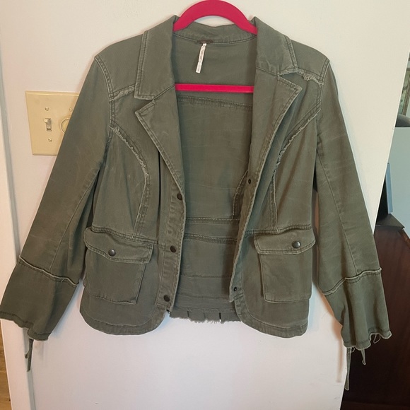 Free People Jackets & Blazers - NWOT green distressed army ruffle jacket.